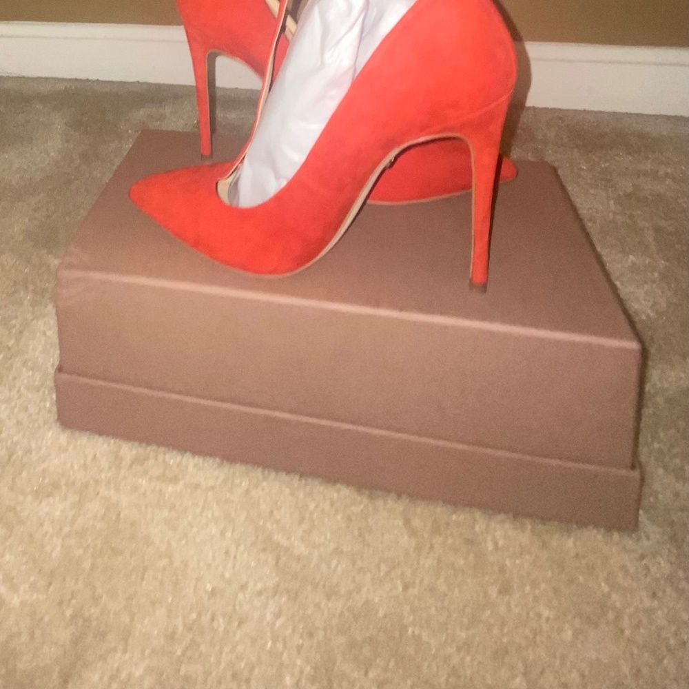 Brand New Orange Sued  Sam Elderman stilettos T strap high heel.